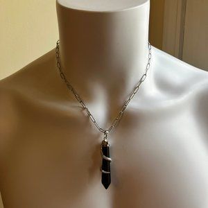 Obsidian Pointed Bullet Pendant snake accent and Stainless Steel Chain